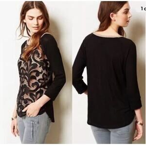 Dolan T Shirt Top Womens Pullover 3/4 Sleeve Lace Round Neck Black Beige S